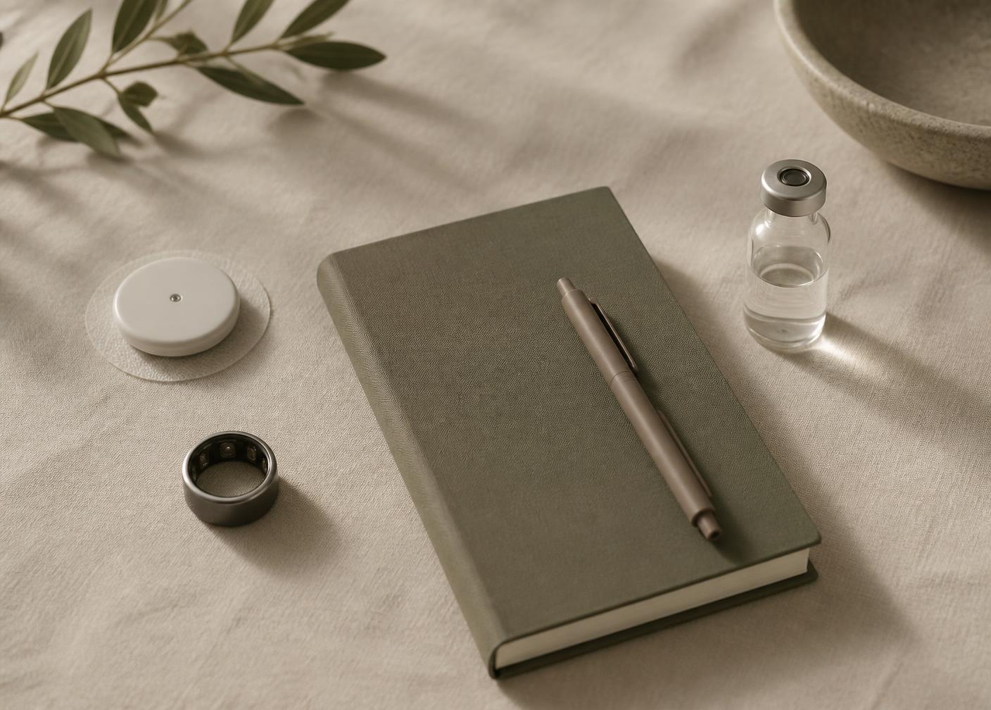 A continuous glucose sensor, a smart ring, a notebook and a sample vial arranged on linen.