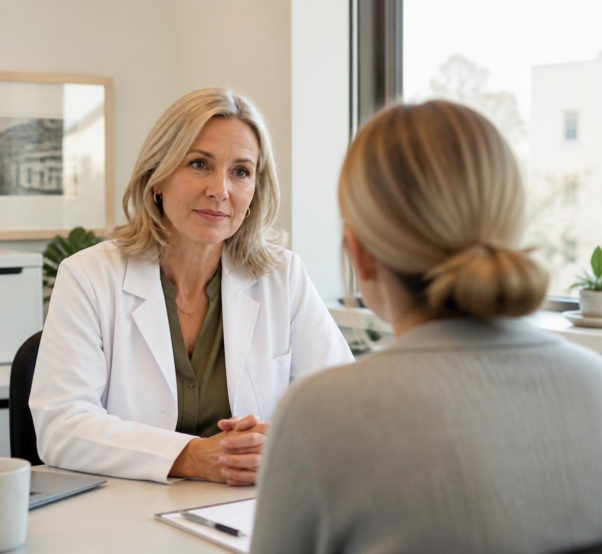 Rachel Smith, DNP, in a white clinical coat in consultation with a patient at Aspect Wellness.